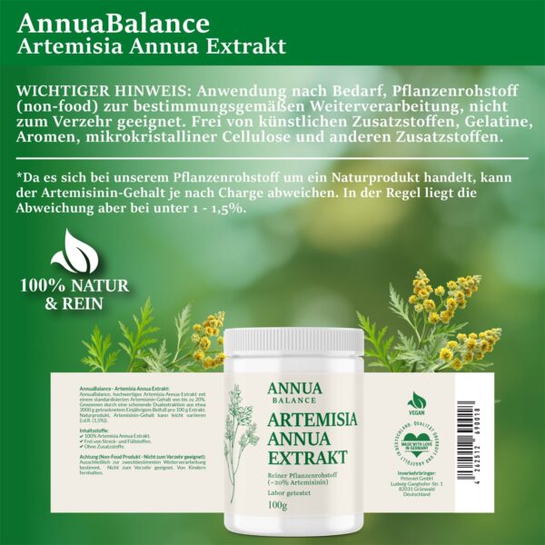 AnnuaBalance Produktinformation: reiner Pflanzenrohstoff (non-food), frei von Zusatzstoffen, Chargen-Hinweis